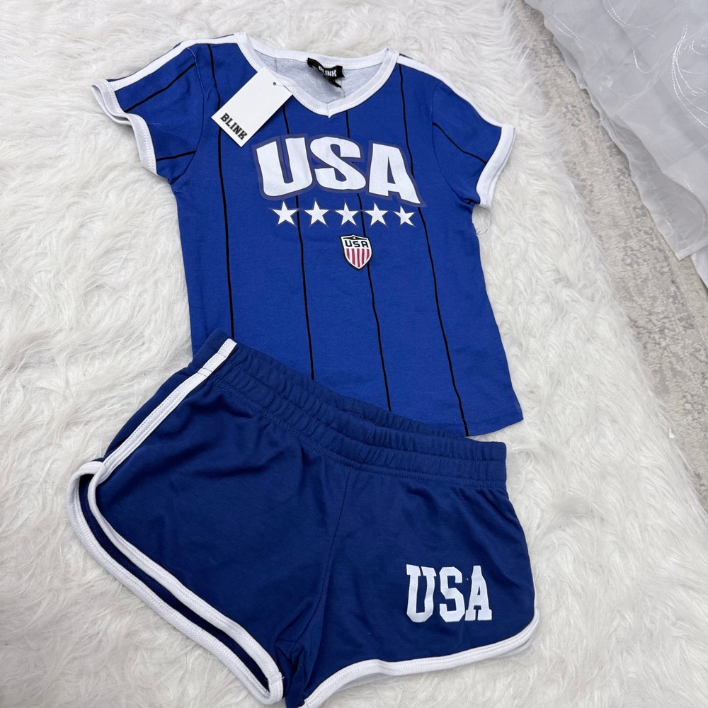 Blink Women USA 2 Piece Set Blue White Pinstripe Ringer Tee Short Small NWT